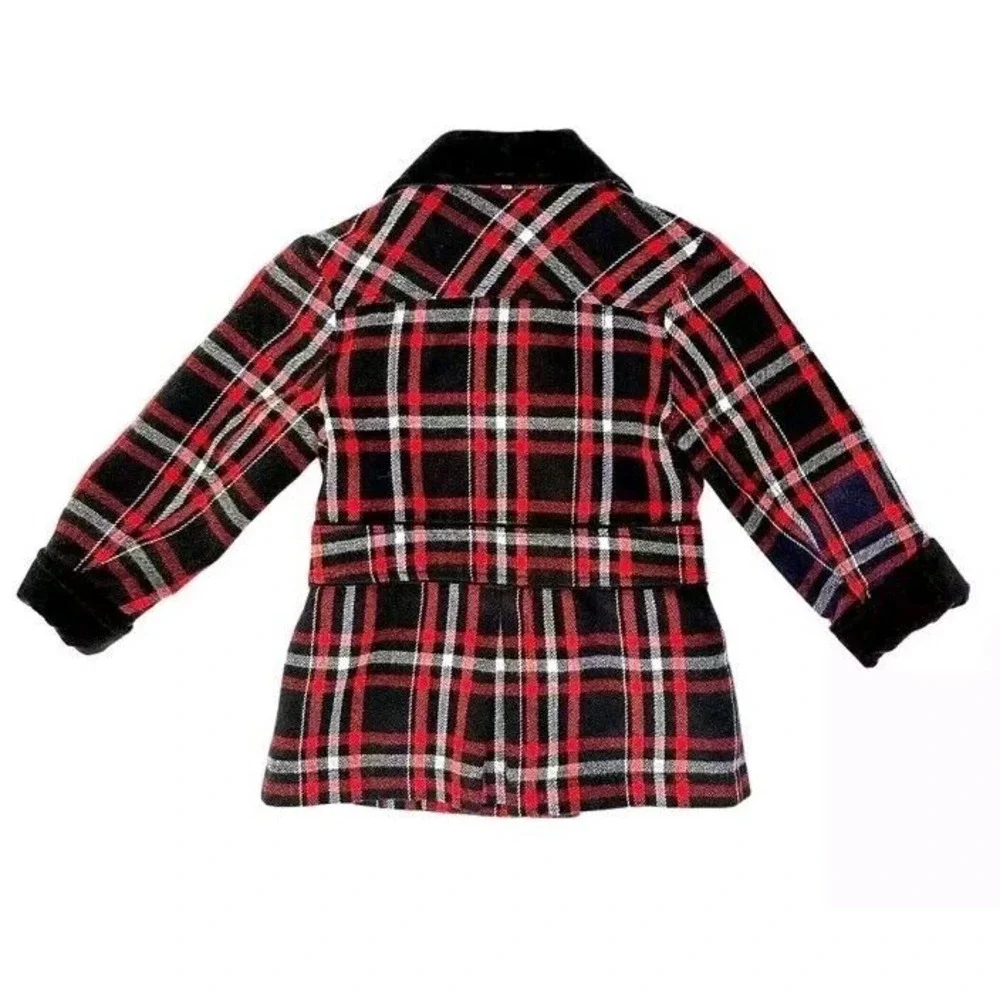 Cherokee Girls Large 12 Coat (Pea) Red Black Plaid‎ Velvet Collar trim Holiday